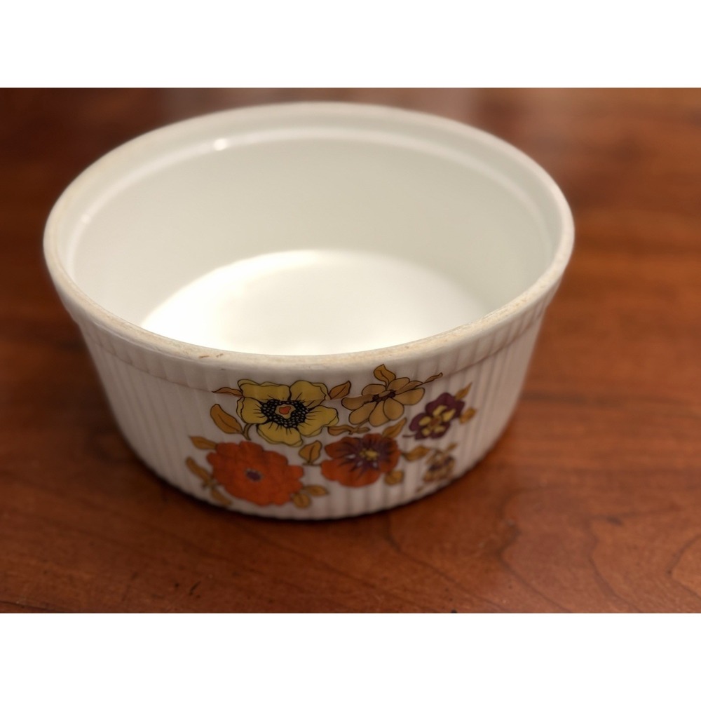 Vintage Apilco Porcelain France Ribbed Souffle Casserole Dish Flower Power 1980s